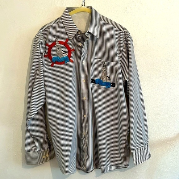 Black and White Striped  Nautical Long Sleeve Blouse With Lighthouse Appliqué  M - Picture 1 of 9